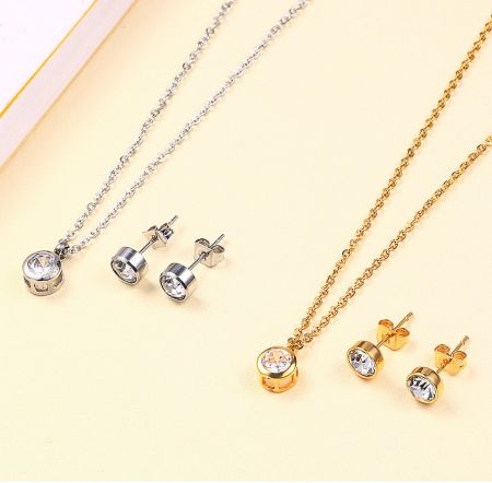 Clear Round Solitaire Jewelry Set available in both silver rhodium and gold plating options.