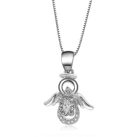 Detailed shot of the silver angel pendant, emphasizing the sparkling clear cubic zirconia gemstones.
