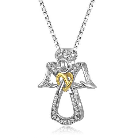 Close-up of the two-tone angel pendant, highlighting the gold heart element and intricate wing details.