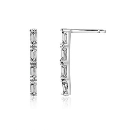 A pair of silver baguette earrings with sparkling cubic zirconia crystals, displayed on a white background.