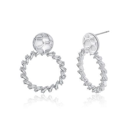 Side view of the silver baguette drop earrings, highlighting the honeycomb post design and the circular hoop of crystals.