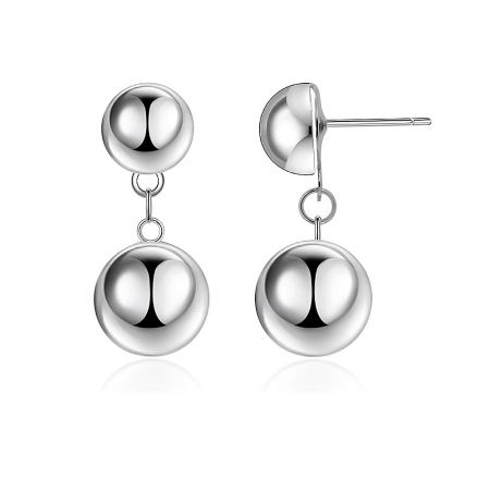 Side view of the shiny rhodium sphere ball earrings, highlighting their minimalist design and polished surface.
