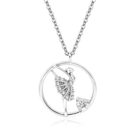 Detailed view of the ballerina pendant in a circular frame, with a tutu set with clear gemstones.
