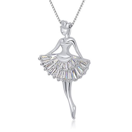 Angled shot of the silver ballerina pendant, emphasizing the sparkling crystal tutu.