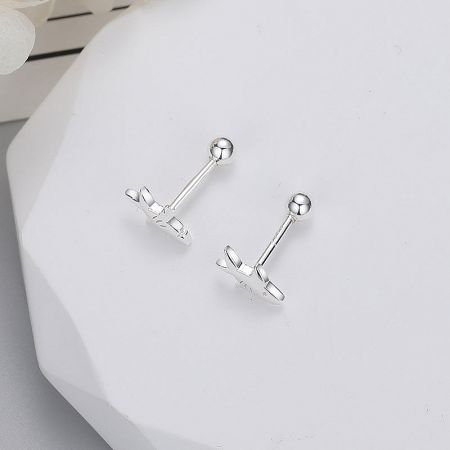A pair of elegant silver bow-shaped stud earrings with secure screw-backs, perfect for a classic look.