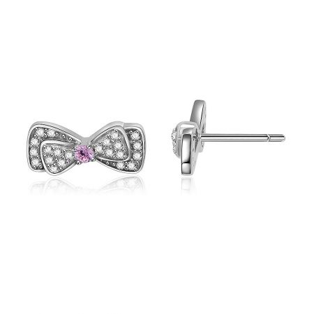 Detailed top-down view of the silver bow stud earrings, showcasing the intricate setting of the clear and pink cubic zirconia stones.