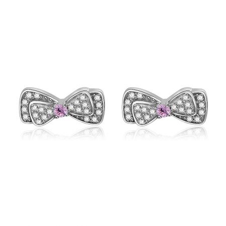 Mini Silver Bow Stud Earrings - A pair of Mini Silver Bow Stud Earrings in 925 sterling silver, featuring a central pink cubic zirconia and clear crystal accents, on a clean white background.