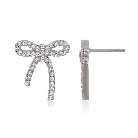 Side view of the silver bow tie stud earrings with sparkling cubic zirconia.