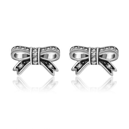925 Silver Bow Cut Out Stud Earring - A pair of 925 sterling silver bow cut out stud earrings featuring sparkling clear cubic zirconia gemstones on a white background.