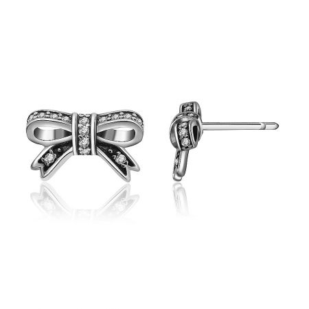 Front and back view of the 925 silver bow stud earrings with cubic zirconia.