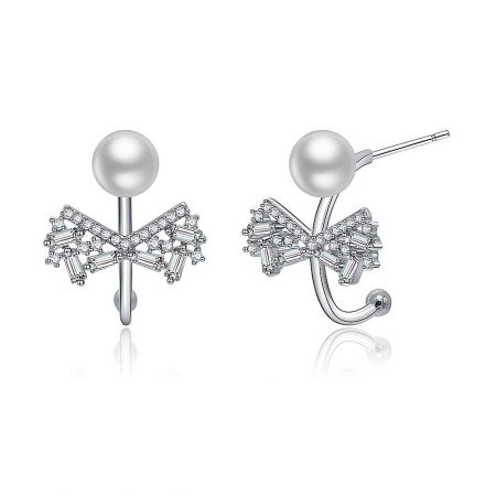 Side view of the Hook Pearl CZ Bow Earring showing the post and pearl detail.