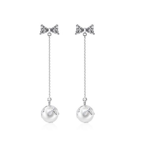 CZ Ribbon Chain Dangle Earrings - A pair of CZ Ribbon Chain Dangle Earrings (JRE-091) with silver bow-shaped studs and dangling pearl charms, showcasing the rhodium-plated brass finish.