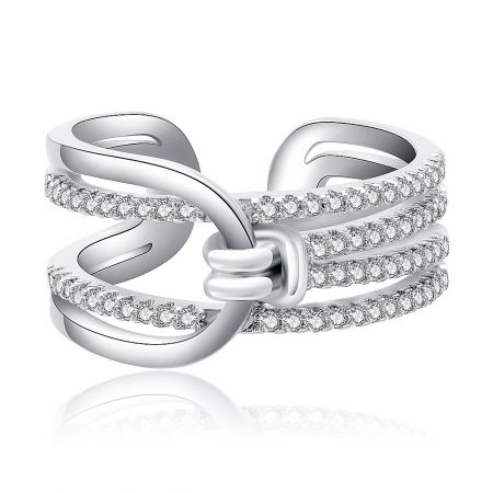 Rhodium-Plated Cubic Zirconia Knot Statement Ring - Close-up of a rhodium-plated knot statement ring with a bow-like design, featuring three parallel bands and a central knot adorned with sparkling cubic zirconia stones.