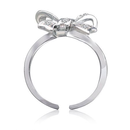 Neat As A Bow Ring - Front view of the Neat As A Bow Ring, highlighting the sparkling pave cubic zirconia stones on the bow design and the sleek rhodium-plated band.