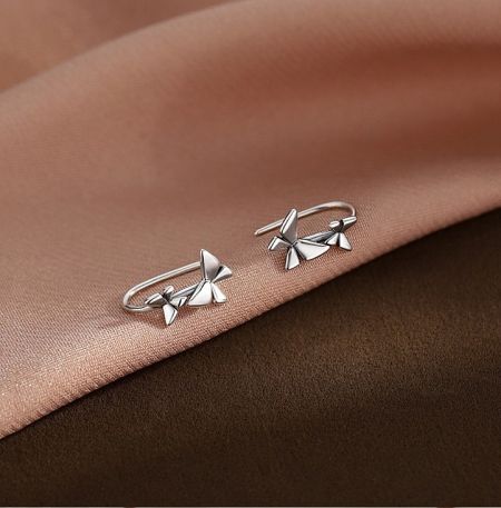 925 Sterling Silver Small Butterfly Hook Drop Dangle Earrings - A pair of 925 Sterling Silver Small Butterfly Hook Drop Dangle Earrings with a delicate bow-tie design, shown against a white background.