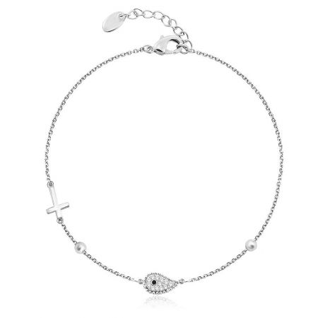 Sideways Cross Bracelet - A delicate Sideways Cross Bracelet in rhodium-plated brass, featuring a polished cross charm, a teardrop cubic zirconia, and small pearl accents on a fine link chain.