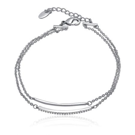 Two CZ Bar Link Chain Bracelet - Close-up of the Two CZ Bar Link Chain Bracelet, showing the rhodium-plated brass chain, secure lobster clasp, and the central decorative bar set with sparkling cubic zirconia stones.