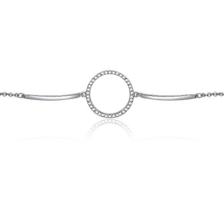 Detailed shot of the silver Circle Charm Bar Bracelet, focusing on the diamond-encrusted circular centerpiece.