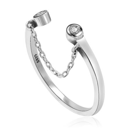 Detailed close-up of the CZ dangling chain ring, showing the S925 sterling silver stamp and the fine craftsmanship of the chain and gemstone setting.