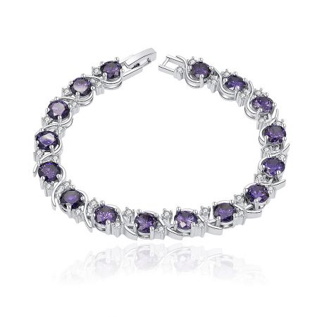Purple Wave CZ Bracelet - Close-up of the Purple Wave CZ Bracelet, showcasing its rhodium-plated finish with alternating purple and clear cubic zirconia stones.