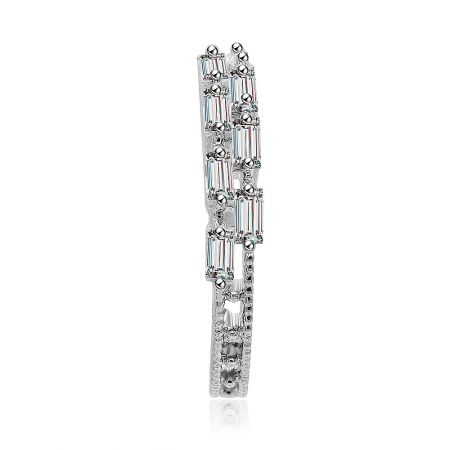 Angled shot of the rhodium-plated baguette ring, displaying its brilliant sparkle and fine craftsmanship.