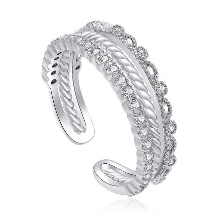 Side view of the spiral statement ring, highlighting the twisted rope-like design and the setting of the cubic zirconia stones.