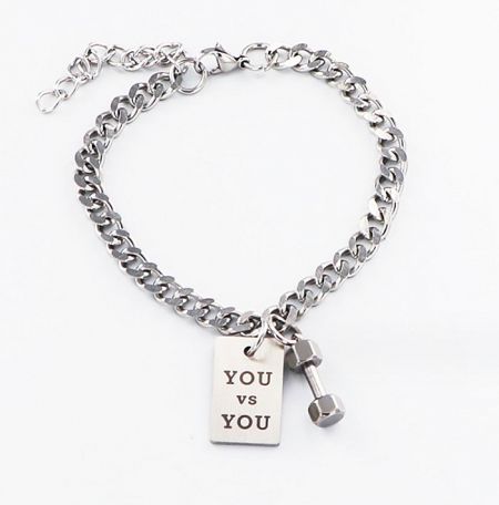 Tumbbell Chain Bracelet For Men - A stainless steel Tumbbell Chain Bracelet for Men, featuring a motivational 'YOU vs YOU' charm and a dumbbell charm, shown on a white background.
