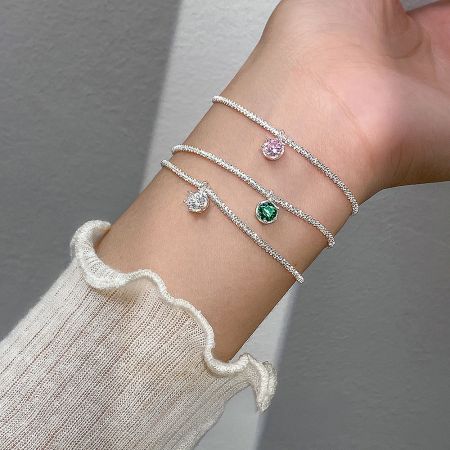 925 Sterling Silver Creative Minimalist Starry Zircon Bracelet Set of 5 - A set of three 925 sterling silver bracelets with sparkling zircon gemstones in white, pink, and green, displayed on a neutral background.