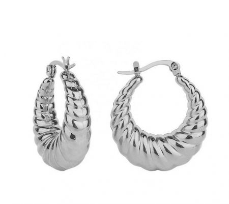 Silver Croissant Hoops - A pair of silver croissant hoop earrings with a polished, braided design, shown against a white background.