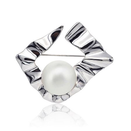 Weavy Polished Finish Faux Pearl Brooch - A close-up of the Weavy Polished Finish Faux Pearl Brooch, highlighting its distinctive wavy, crumpled silver-tone metal design surrounding a central white pearl.