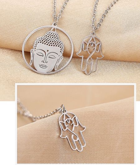 An assortment of customizable spiritual pendants, including the Buddha head and Hamsa hand designs.