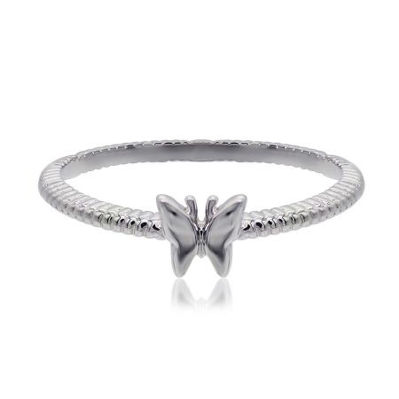 A matching silver butterfly bracelet with a textured finish, part of the collection.