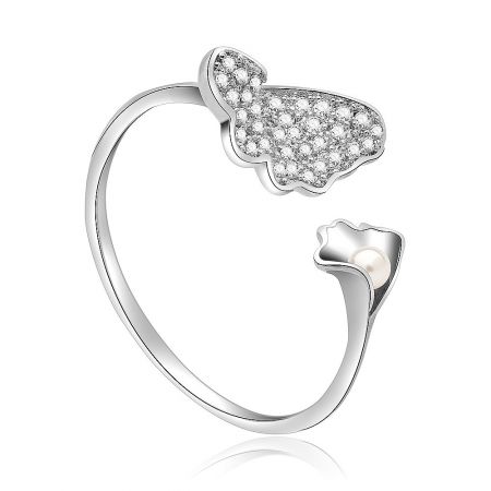 Detailed view of a matching bracelet's butterfly clasp with gemstones and a pearl enclosure.