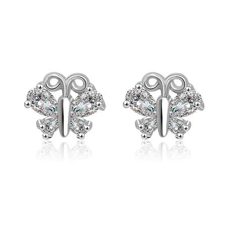 Cubic Zirconia Butterfly Stud Earring - A pair of rhodium-plated Cubic Zirconia Butterfly Stud Earrings, showcasing the intricate design and sparkling gemstones.