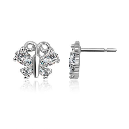 Front and back view of the silver butterfly stud earrings, highlighting the clear gemstone setting and post closure.