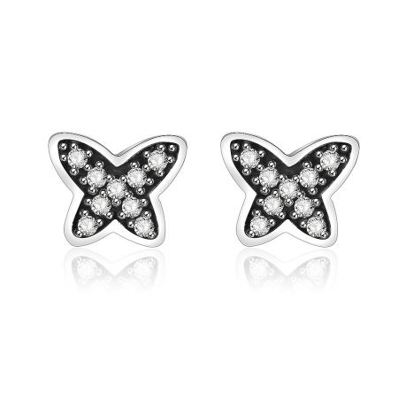 Tiny Butterfly Silver Zirconia Stud Earrings - A detailed close-up of the Tiny Butterfly Silver Zirconia Stud Earrings, showcasing the intricate butterfly design and sparkling clear gemstones on a 925 sterling silver base.