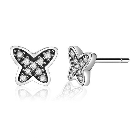 An angled view of the silver butterfly stud earrings, highlighting the sparkle of the clear gemstones.
