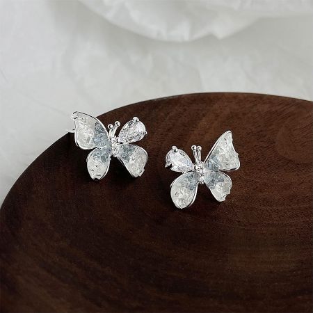 Silver Plated Gradient Color Crystal Glass Butterfly Stud Earrings (Set of 5 Pairs) - A pair of silver-plated butterfly stud earrings with sparkling gradient color crystal glass wings, part of a set of five.