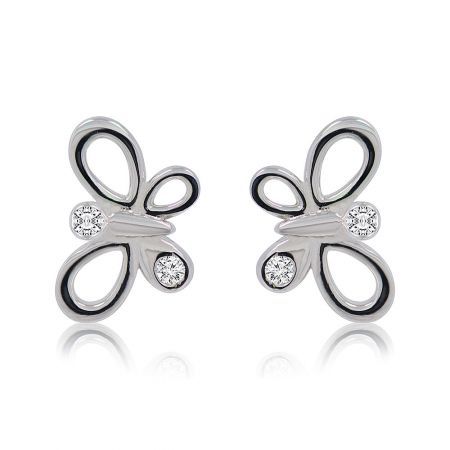 Small Queen Butterfly Earrings - A close-up of the Small Queen Butterfly Earrings, showcasing the intricate butterfly design with sparkling white cubic zirconia stones on a rhodium-plated brass base.