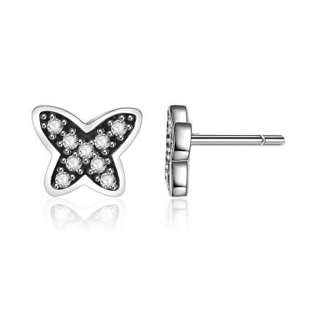A pair of modern butterfly-shaped silver stud earrings adorned with brilliant white cubic zirconia stones.