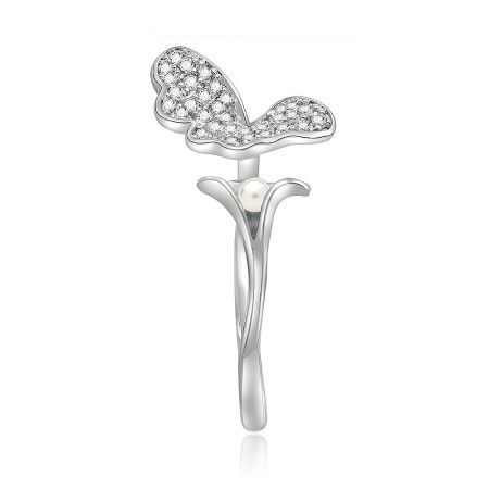 Maidenhair Tree Ginkgo Tulip Flower Ring - Elegant Maidenhair Tree Ginkgo Tulip Flower Ring featuring a floral design with a central pearl and sparkling cubic zirconia accents, crafted from rhodium-plated brass.