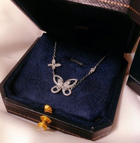 925 Sterling Silver Butterfly Flower Necklace - Elegant 925 sterling silver butterfly flower necklace with sparkling cubic zirconia, displayed in a premium black jewelry box.