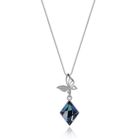 Butterfly Drop Necklace with Blue Swarovski Crystal - A stunning 925 sterling silver butterfly drop necklace featuring a vibrant blue Swarovski crystal pendant on a white background.