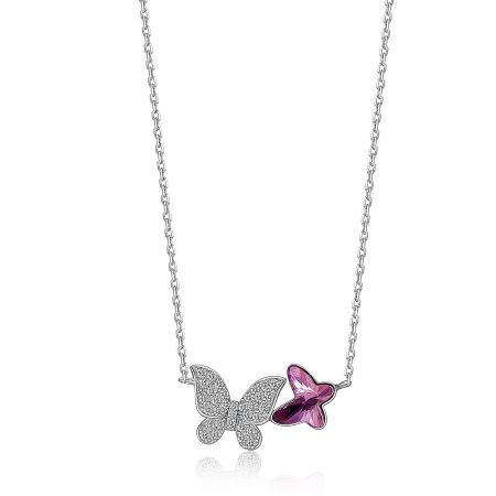 Amethyst Pink Twin Butterfly Pendant Necklace Made with Swarovski Crystals - Close-up of the Amethyst Pink Twin Butterfly Pendant Necklace, showing the detailed 925 sterling silver craftsmanship and the sparkling purple Swarovski crystal.