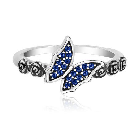 Sapphire Butterfly Rose Silver Ring - Sapphire Butterfly Rose Silver Ring in 925 sterling silver, featuring a detailed butterfly design with blue sapphire cubic zirconia.