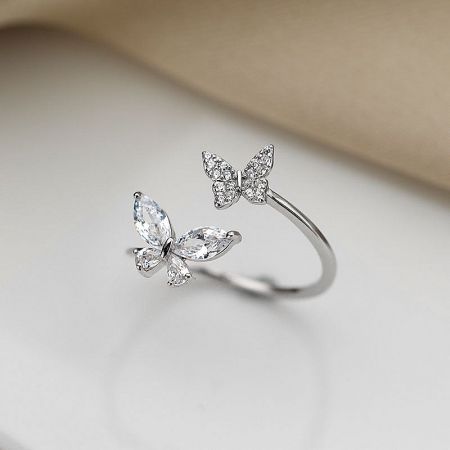 Close-up detail of the pavé and marquise cubic zirconia on the sterling silver butterfly ring.