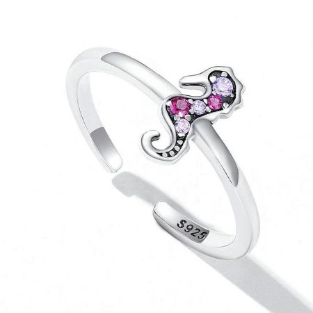 A whimsical S925 sterling silver cat-shaped ring with pink and purple gemstones.