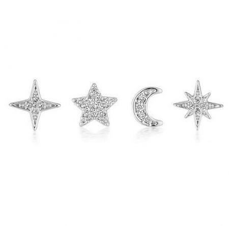 Close-up of the silver-plated Star and Moon stud earrings set, highlighting the cubic zirconia details.