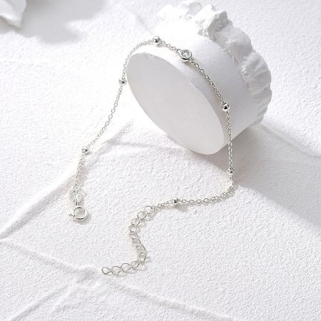925 Sterling Silver Bead Chain with Mini Zircon Bracelet Set of 5 - A minimalist 925 sterling silver bead chain bracelet with a circular charm, part of a set of five, on a clean white background.