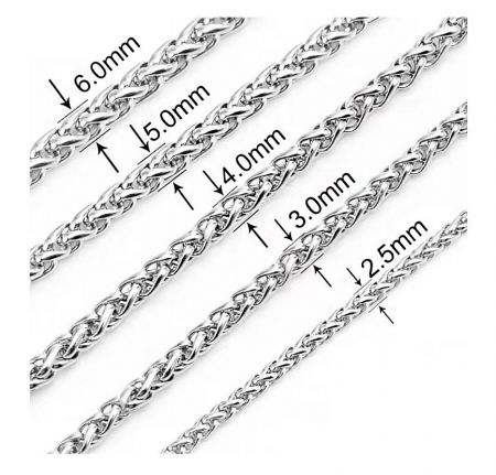 A display of five stainless steel twisted rope chains with different widths labeled from 3mm to 8mm.
